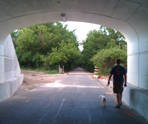 Robert and Ellie walking on the Monon Trail.